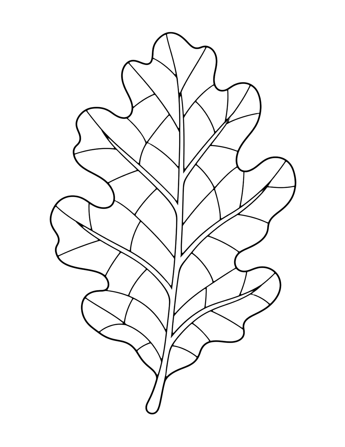 Coloriage de feuilles de chêne avec une grande feuille de chêne divisée en grandes cases géométriques qui suivent les nervures principales. Idéal pour enfants, impression, automne et coloriage en ligne.