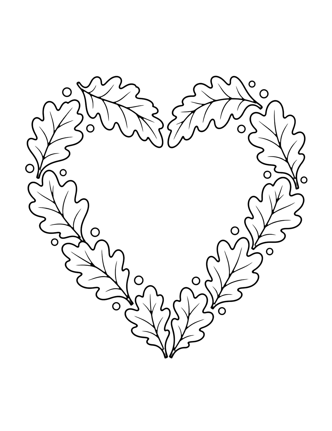 Coloriage de feuilles de chêne avec un simple contour de coeur formé par de grandes feuilles de chêne séparées, avec un centre presque vide et quelques points. Idéal pour enfants, impression, automne et coloriage en ligne.