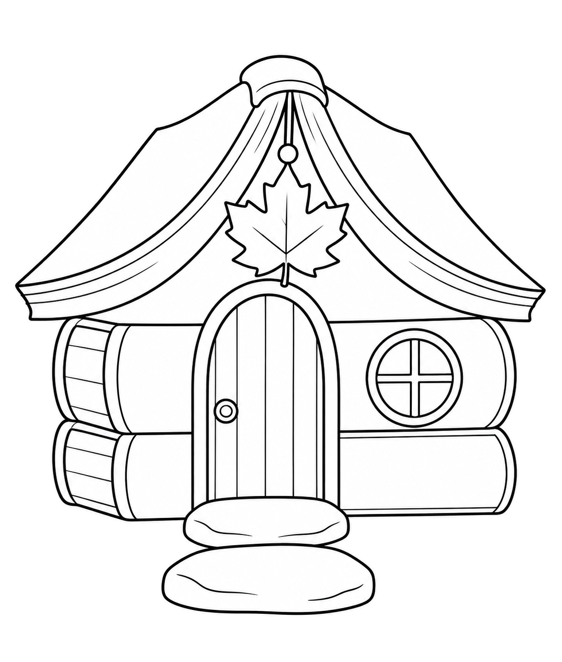 Casetta con tetto di libro aperto, pareti di libri impilati, porta ad arco, finestra laterale tonda, foglia d’acero e vialetto di pietre.