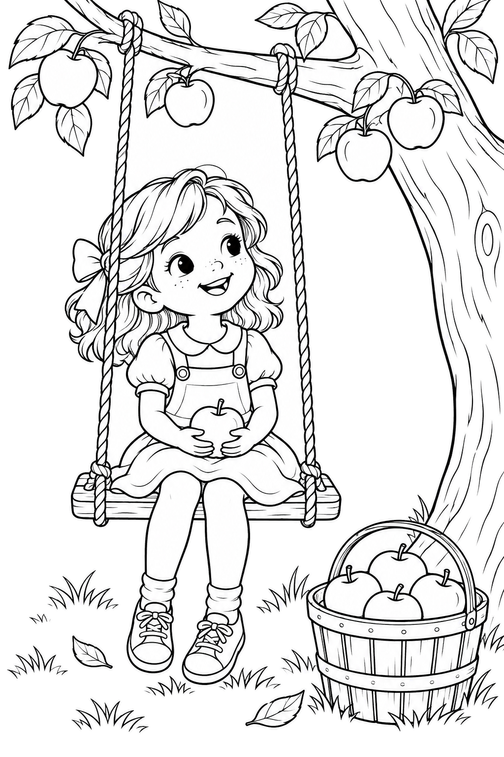 Child holding an apple on a rope swing beneath an apple branch with a basket nearby