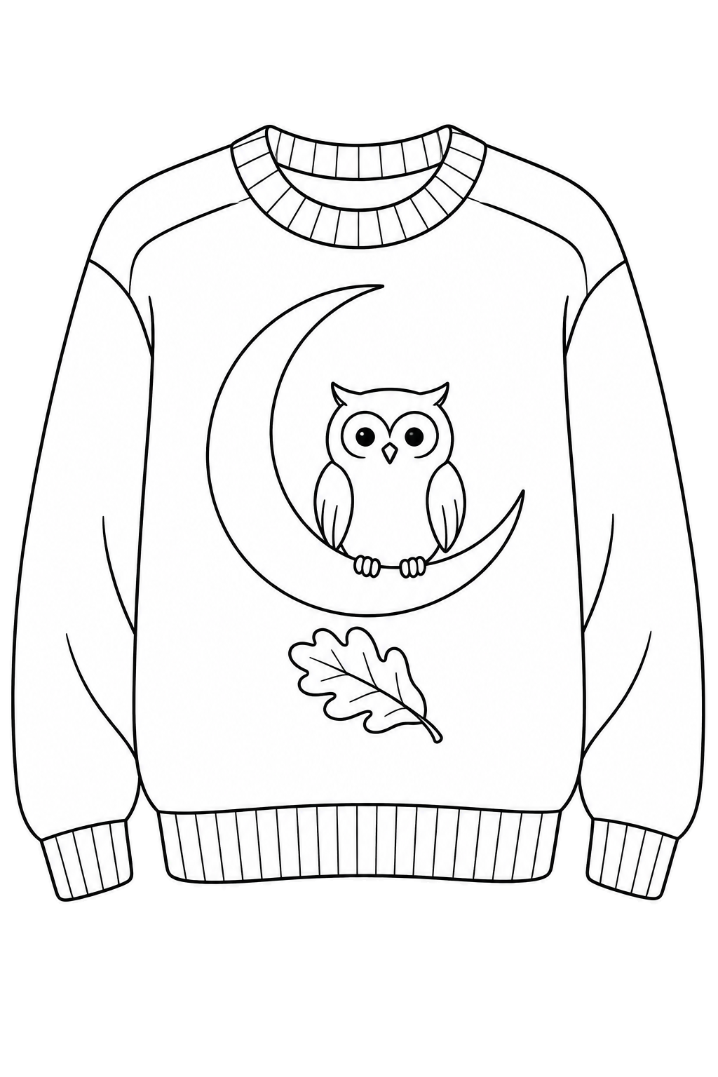 Pull à col rond avec un hibou dans un croissant de lune et une petite feuille de chêne sous le motif central.
