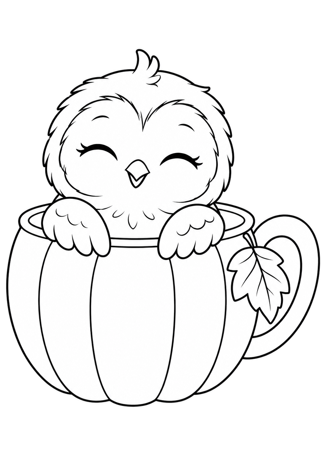 Un gufetto sorridente con gli occhi chiusi riposa in una tazza a forma di zucca, con le ali sul bordo anteriore.