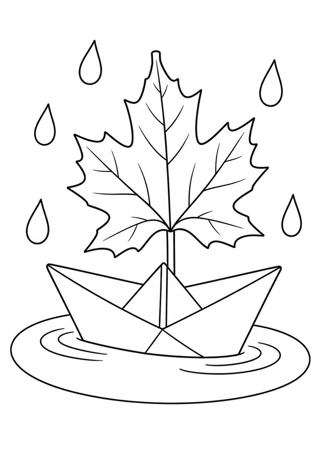 Un bateau en papier plié, muni d’une haute voile en feuille d’érable, flotte dans une flaque entourée d’ondulations.