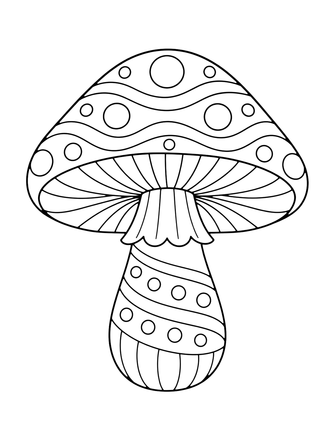 patterned autumn mushroom coloring page with one large autumn mushroom divided into broad decorative sections with stripes, dots, arcs, simple gill lines, and a patterned stem