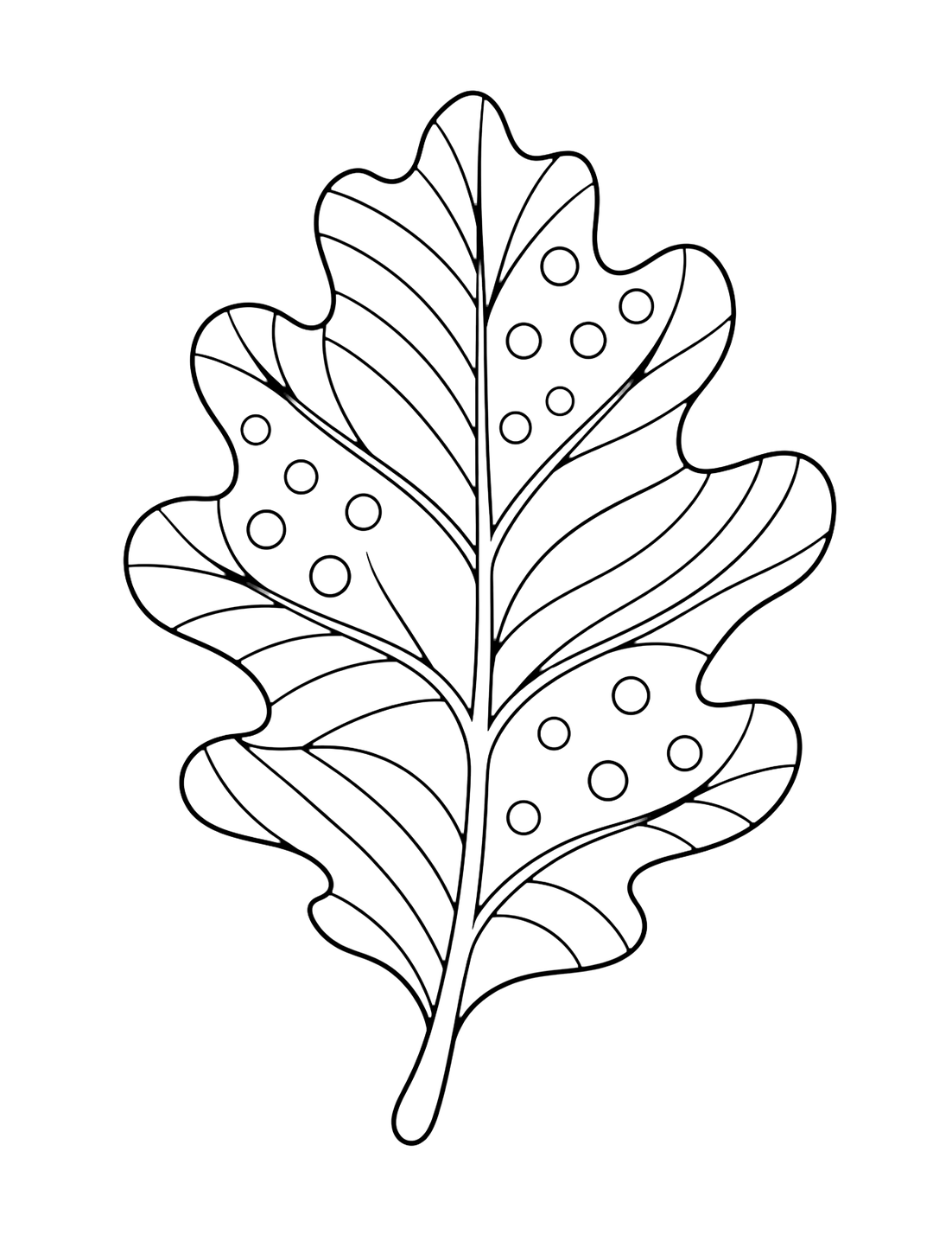 Coloriage de feuilles de chêne avec une grande feuille de chêne divisée en larges sections décoratives avec rayures, points, courbes et nervures simples. Idéal pour enfants, impression, automne et coloriage en ligne.