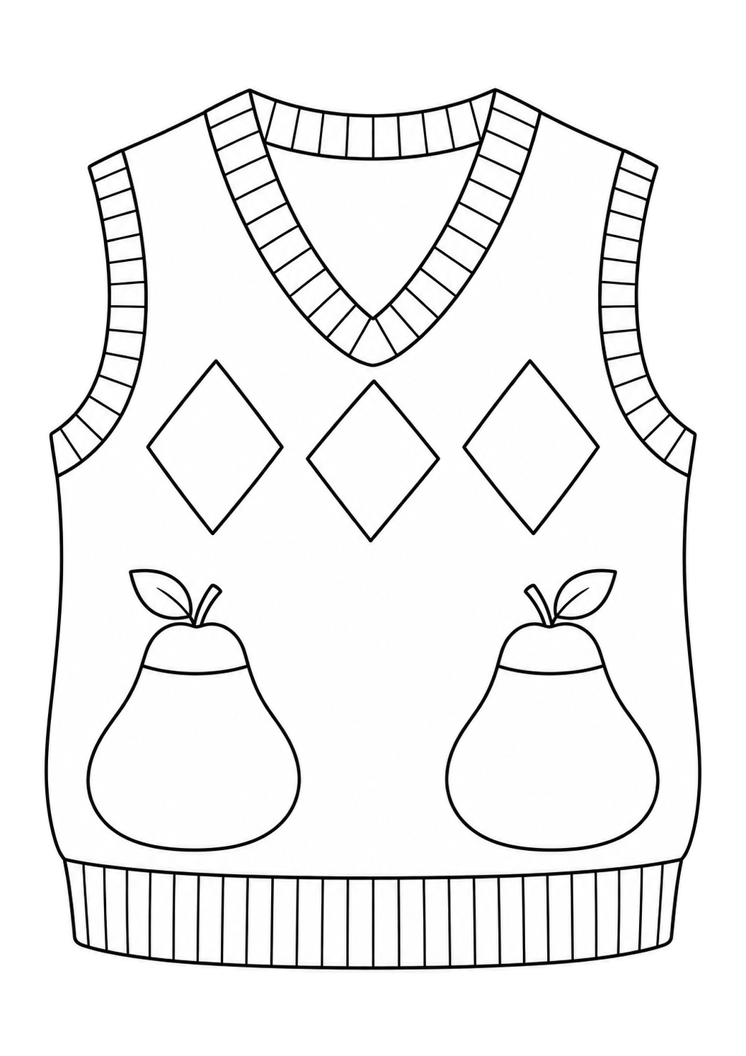 Pull sans manches à col en V, avec deux poches en forme de poires et une rangée de trois losanges sur la poitrine.