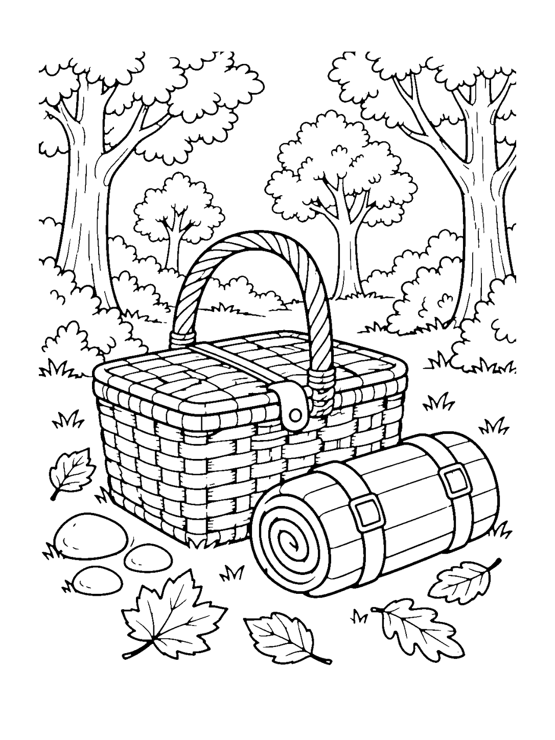 Picnic Basket in Autumn Forest, black-and-white coloring page.