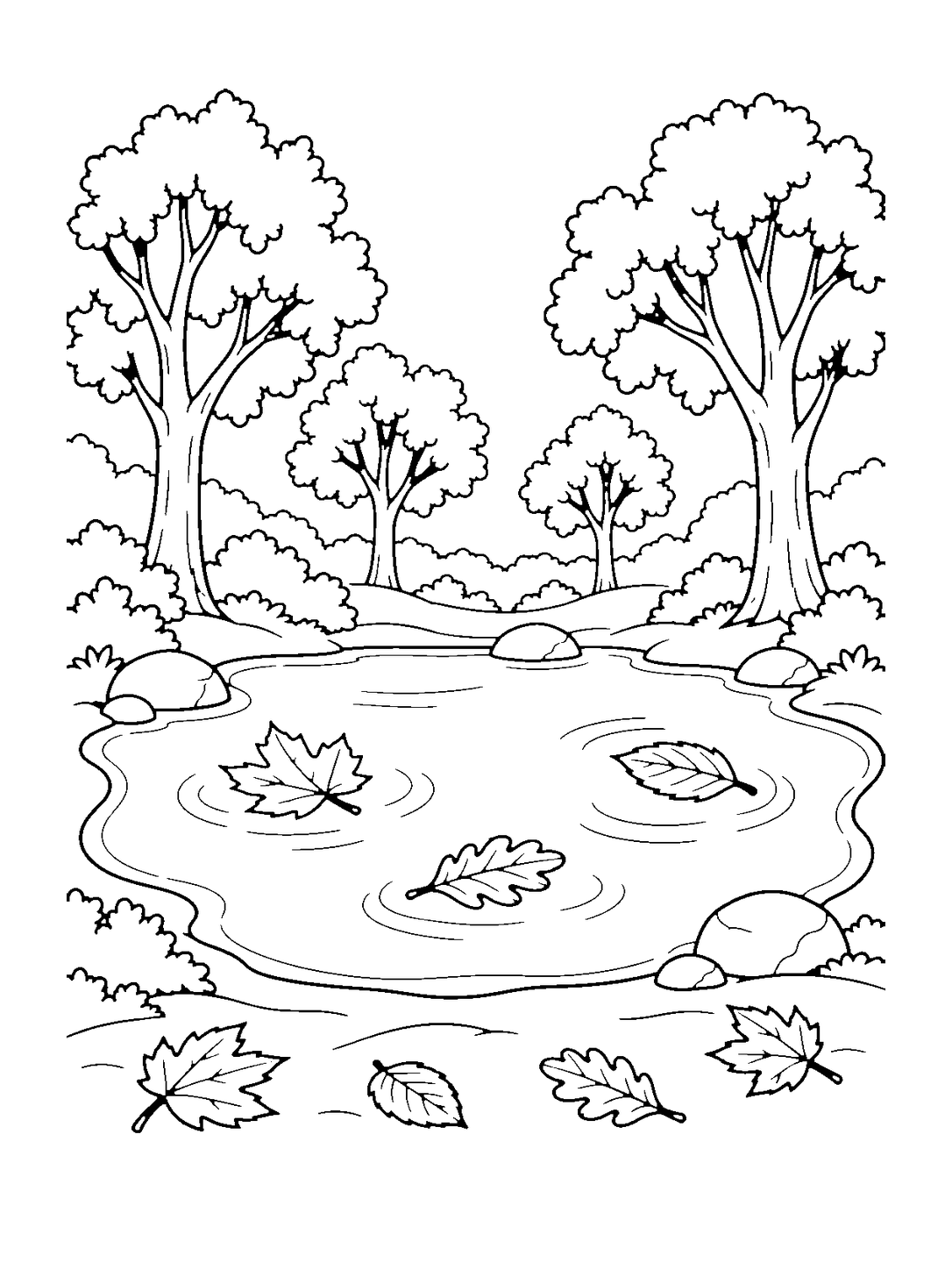Étang dans la forêt d'automne, dessin en noir et blanc à colorier.