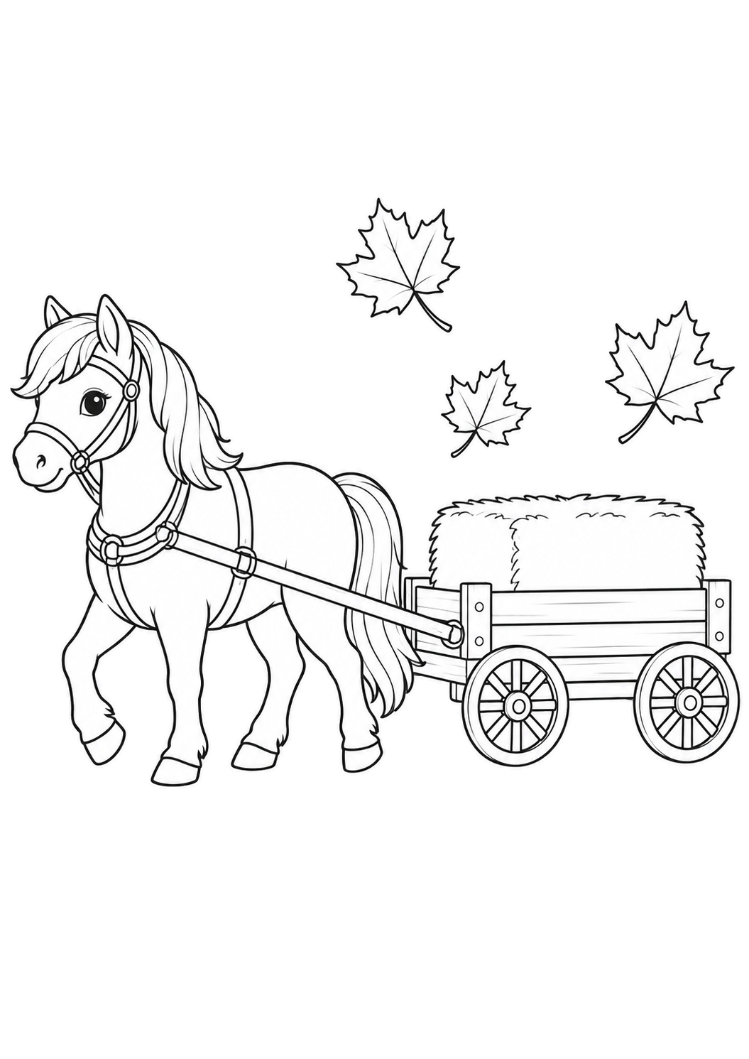 A gentle pony pulling a wooden hayride wagon with two hay bales beneath three maple leaves.