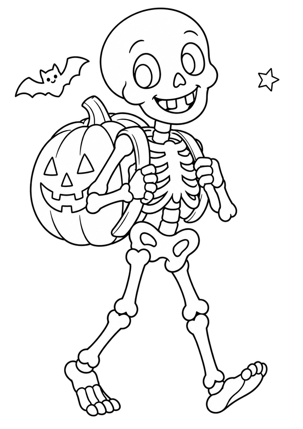 Scheletro sorridente cammina con un grande zaino a forma di zucca