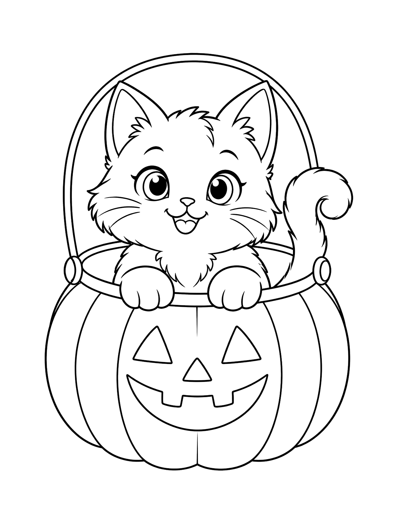 Pumpkin Bucket Kitten Coloring Page with a kitten peeking from a pumpkin-shaped trick-or-treat bucket with a broad handle, round paws, big ears, and a curled tail, drawn as black line art on a white background