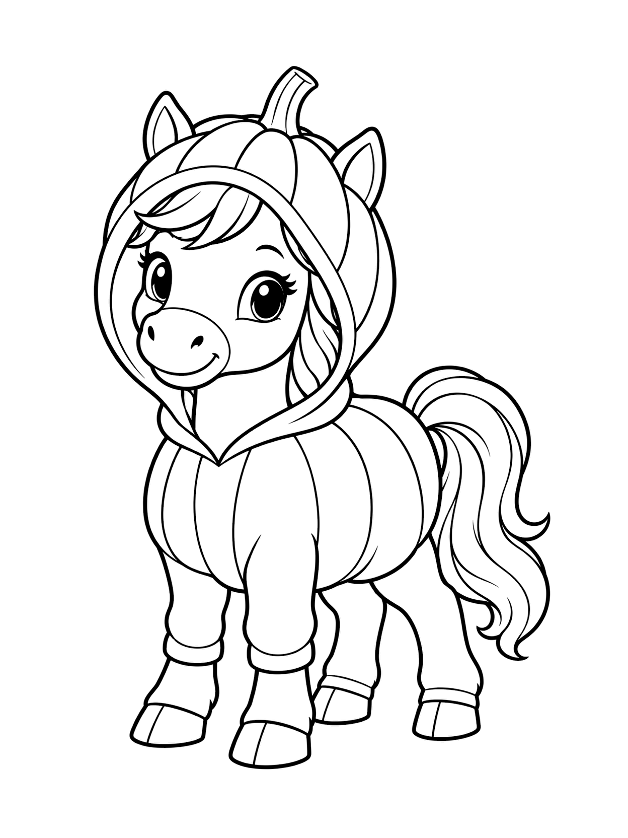 Poulain en hoodie citrouille à colorier avec un cheval central, de larges espaces à colorier, un détail simple de costume d’Halloween et un fond blanc