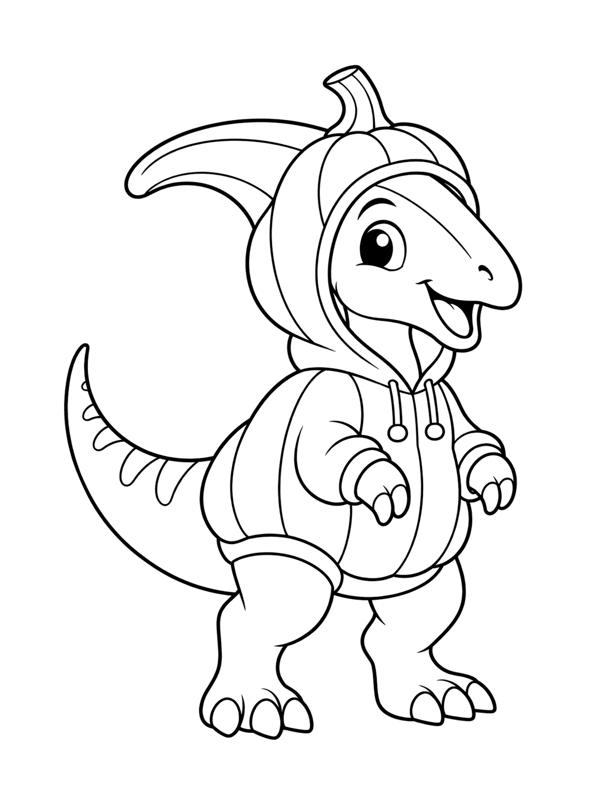 Pumpkin Hoodie Parasaurolophus Coloring Page with one central dinosaur, broad coloring spaces, simple Halloween costume detail, and a white background
