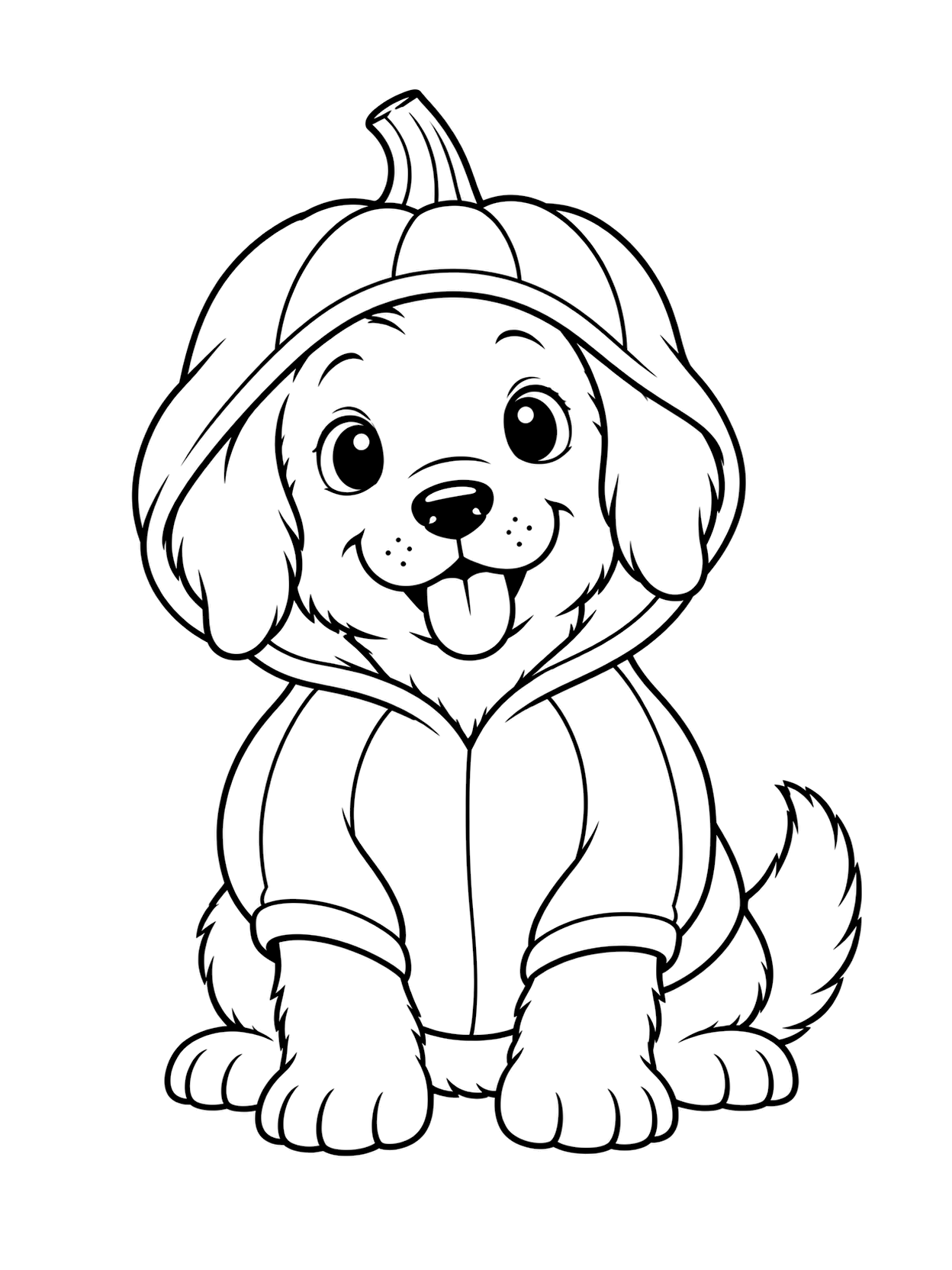 Chiot en hoodie citrouille à colorier avec un chien central, de larges espaces à colorier, un détail simple de costume d’Halloween et un fond blanc