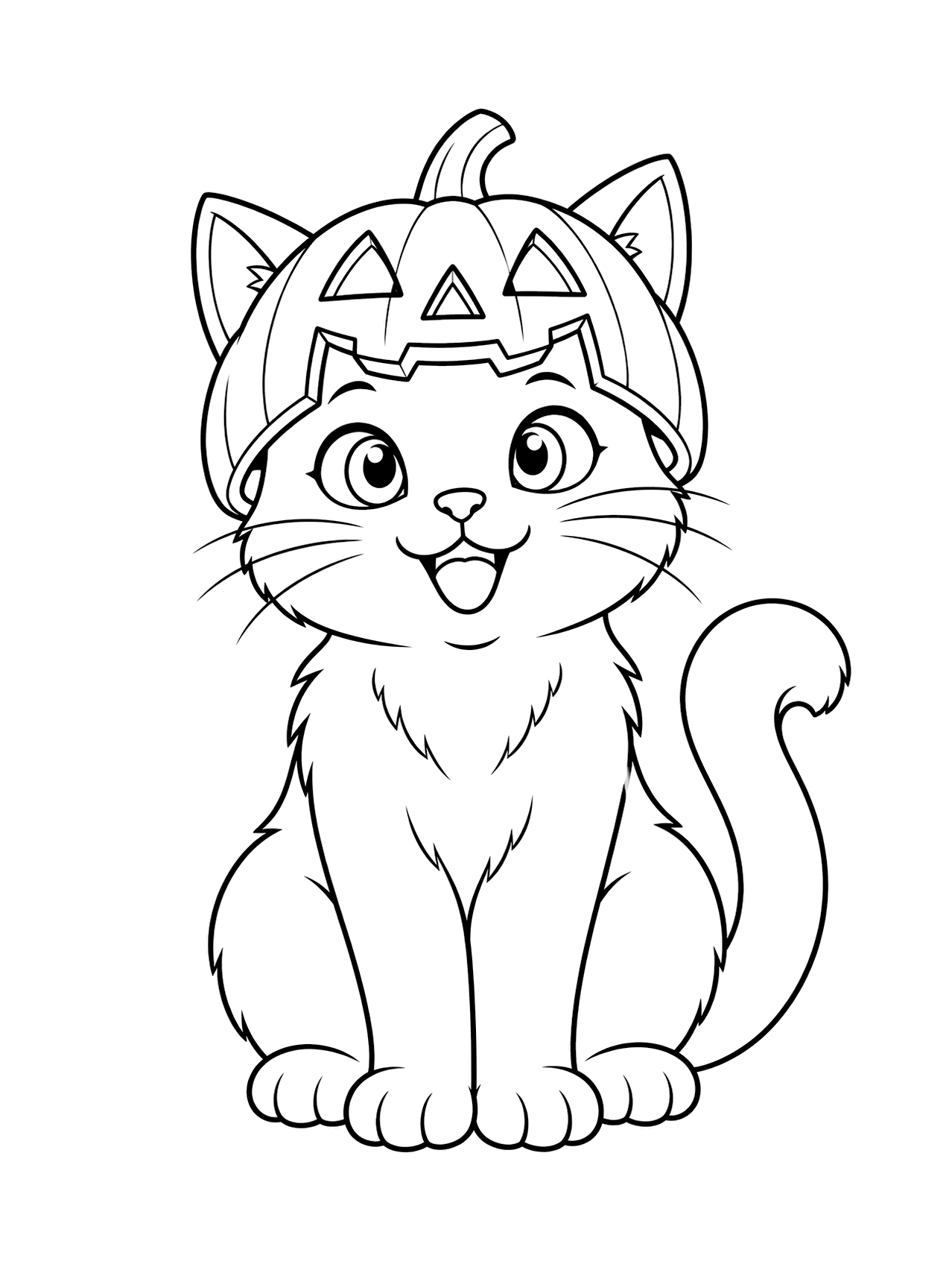Pumpkin Mask Cat Coloring Page with a playful cat wearing a pumpkin mask like a helmet, with jack-o-lantern openings, visible ears, a friendly face, and a curled tail, drawn as black line art on a white background