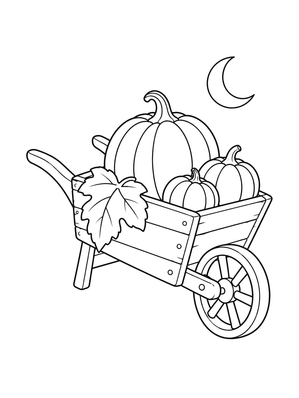 Wooden wheelbarrow holding three pumpkins with a broad leaf and a crescent moon above