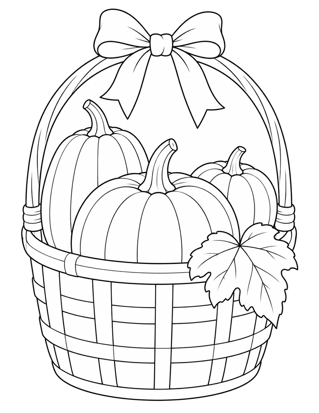 Three pumpkins sit in a basket woven from broad strips, with a tall arched handle, a large bow and a leaf over the rim.
