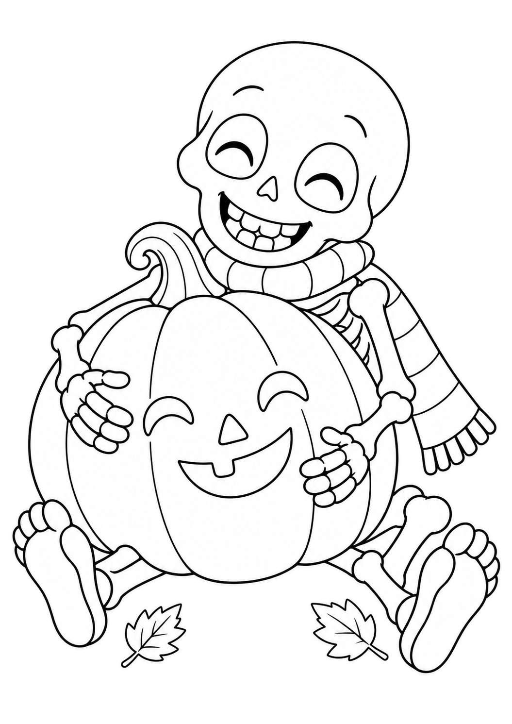 Cozy skeleton in a scarf hugging a large smiling pumpkin pillow