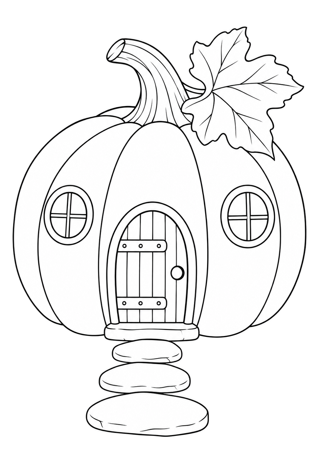 Casetta a forma di zucca con picciolo curvo, grande foglia, finestre tonde, porta ad arco e vialetto di pietre.