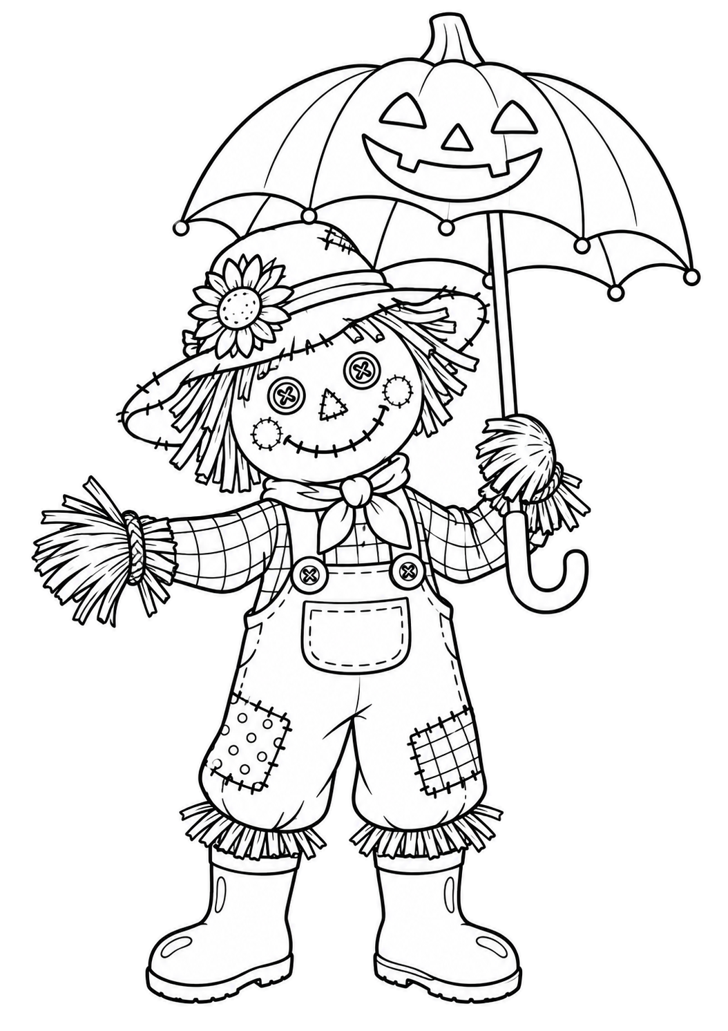 Friendly scarecrow in rain boots holding a pumpkin-shaped umbrella