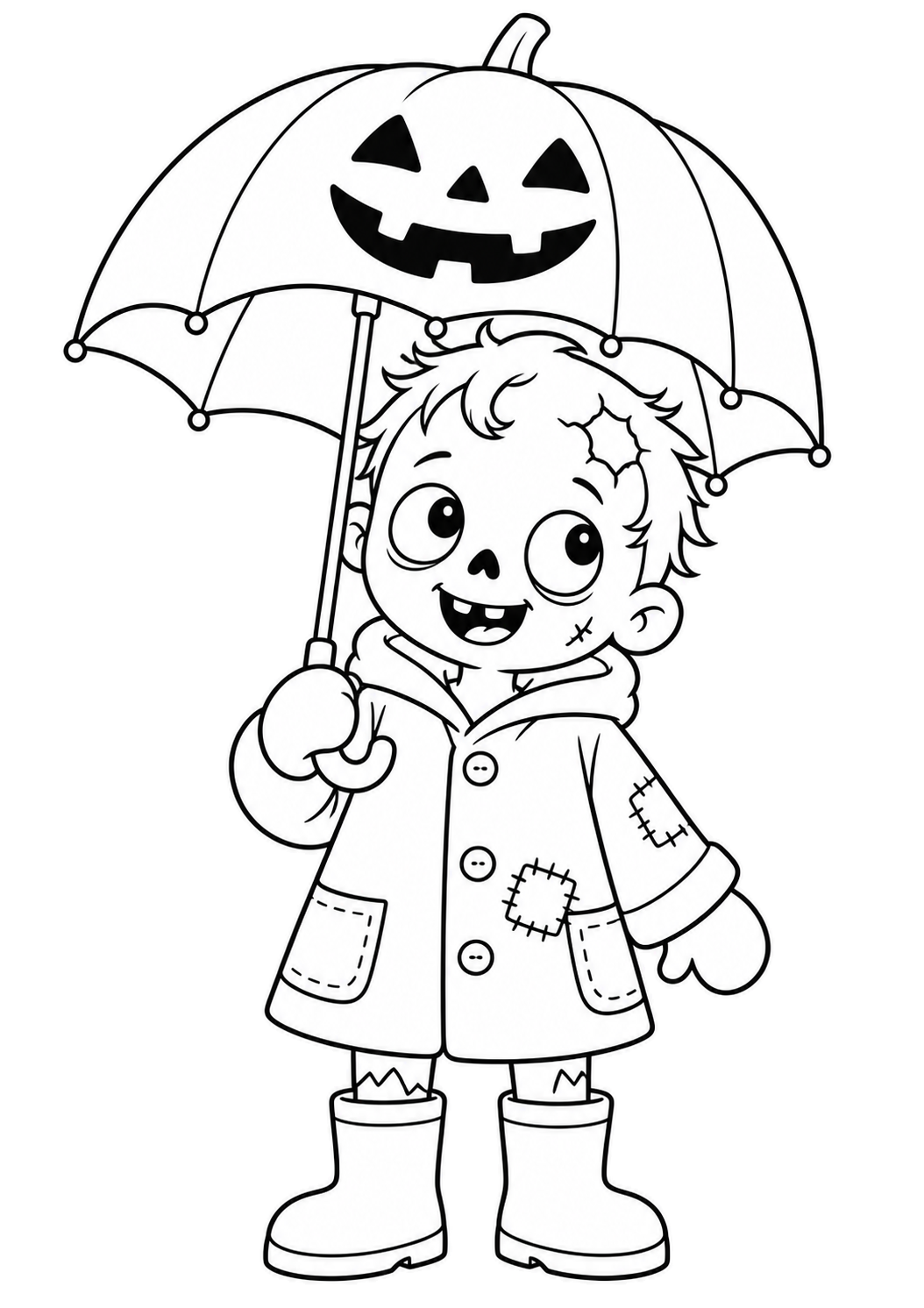 Zombie gentile con impermeabile tiene un ombrello a forma di zucca