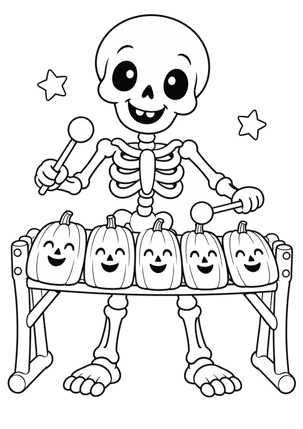 Squelette gentil jouant d’un xylophone fait de citrouilles souriantes