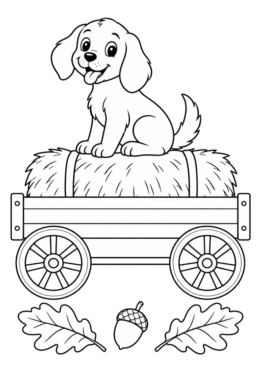 A floppy-eared puppy riding on one broad hay bale in a wooden wagon above two oak leaves and an acorn.