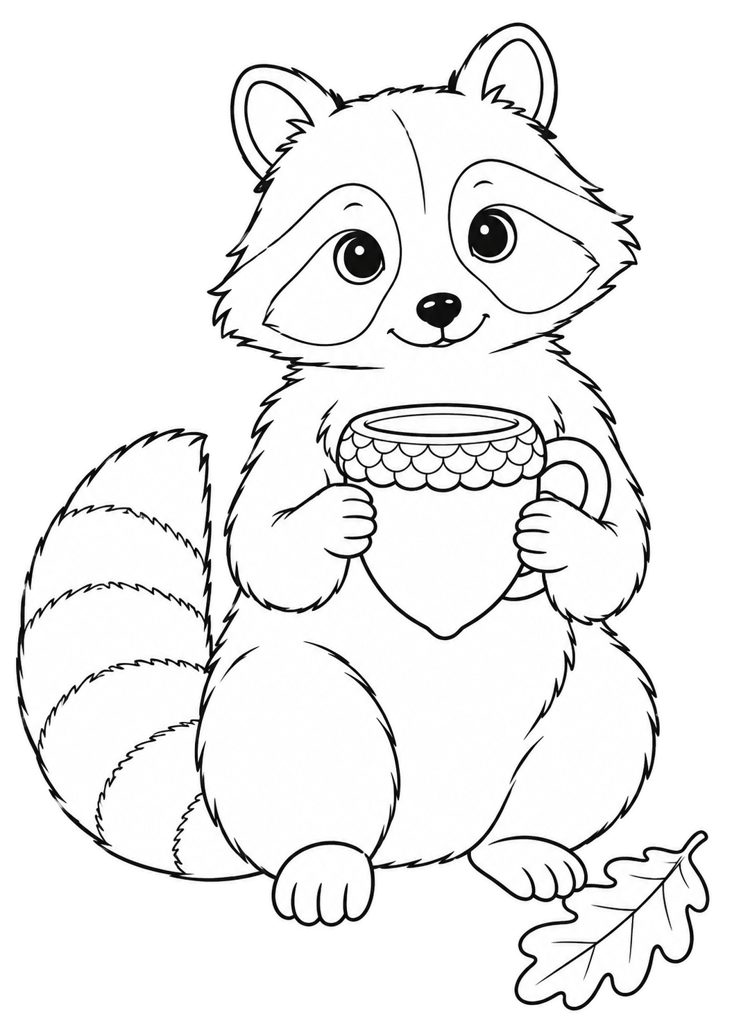 Sitzender Waschbär mit einer Tasse in Eichelform, einem Eichenblatt neben den Füßen und seitlich gebogenem Ringelschwanz.
