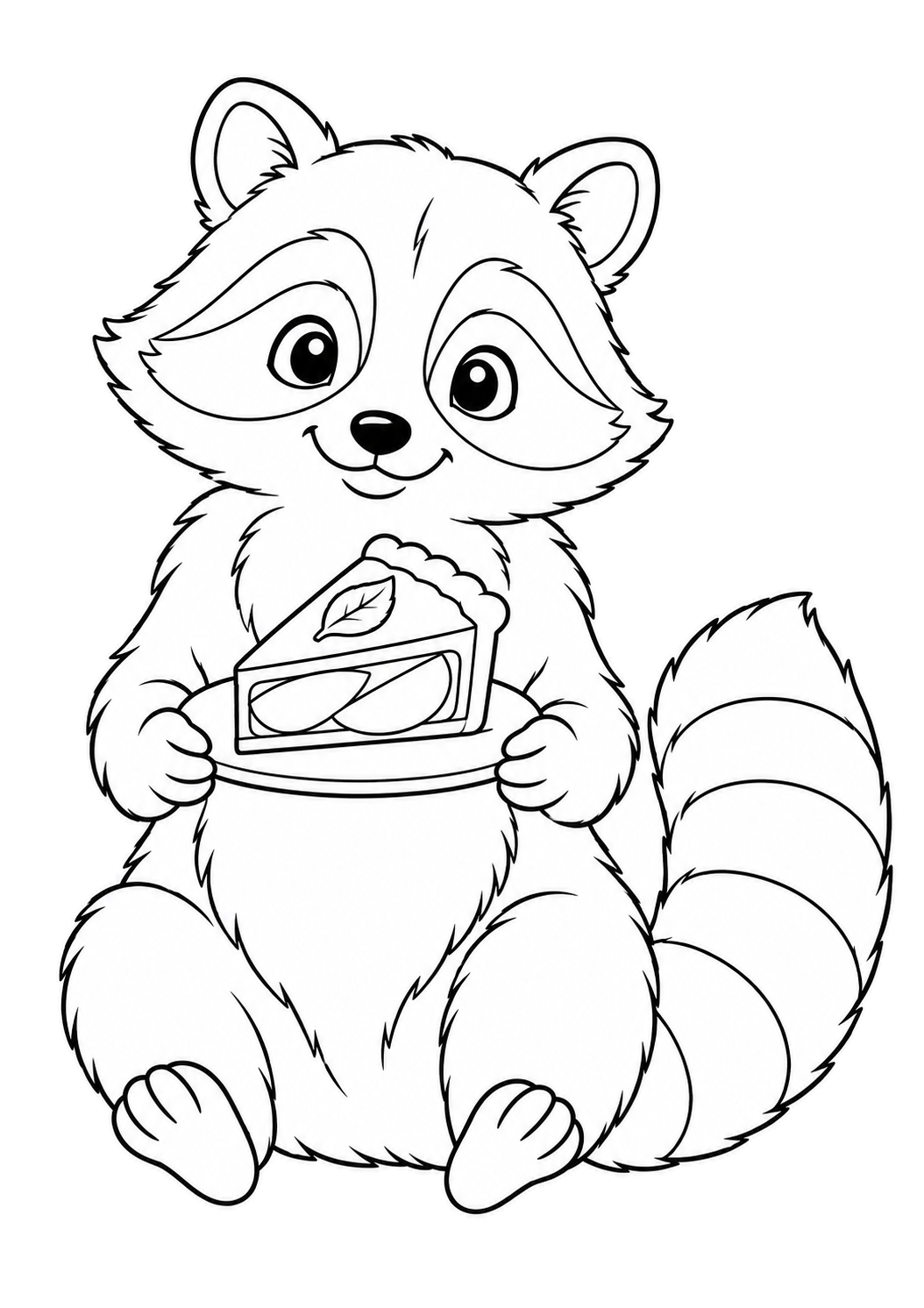 Mapache sentado que sostiene un plato con una porción triangular de tarta de manzana decorada con una hoja de masa.