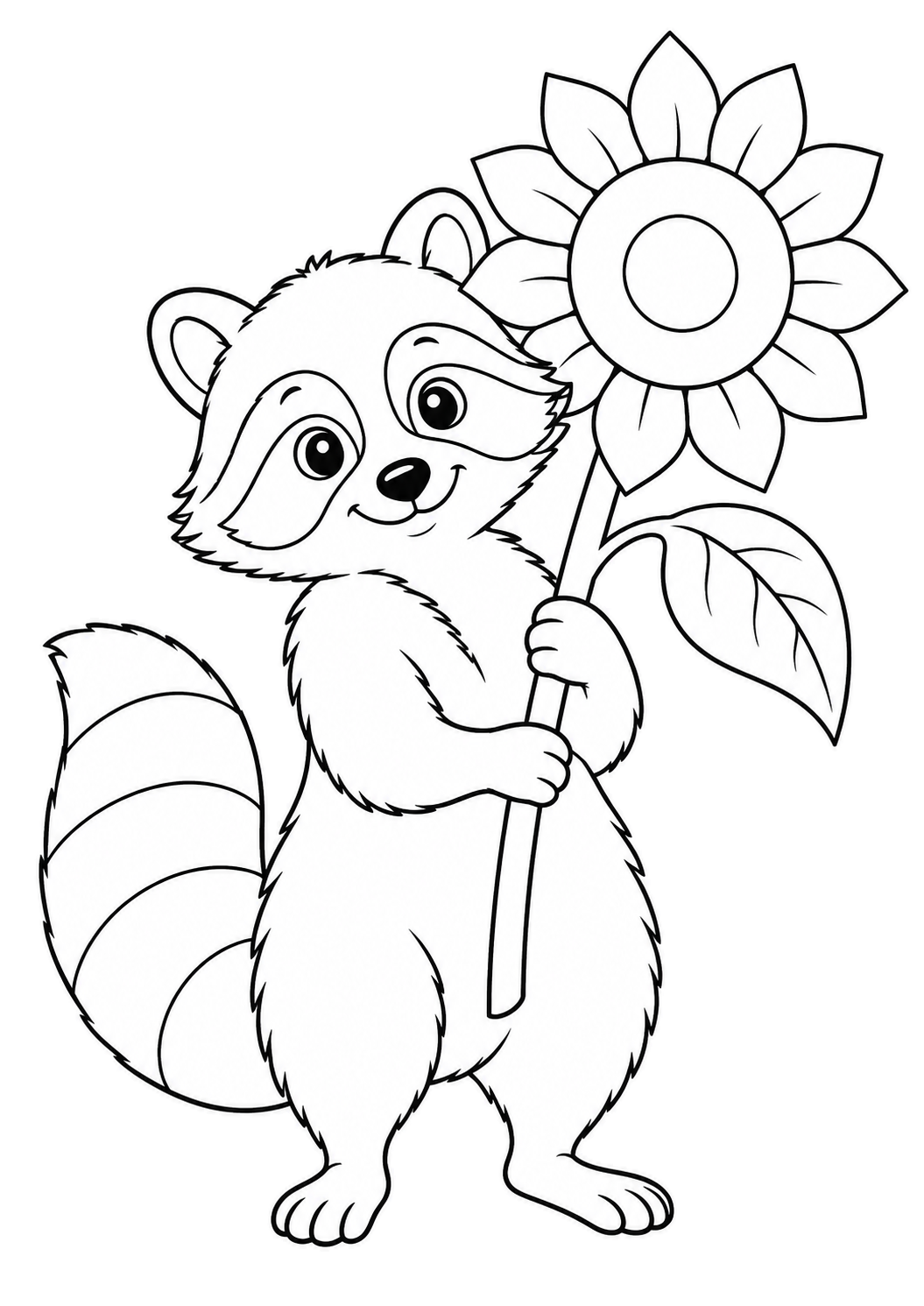 Standing raccoon holding one large sunflower with a broad center and a leaf on its stem.