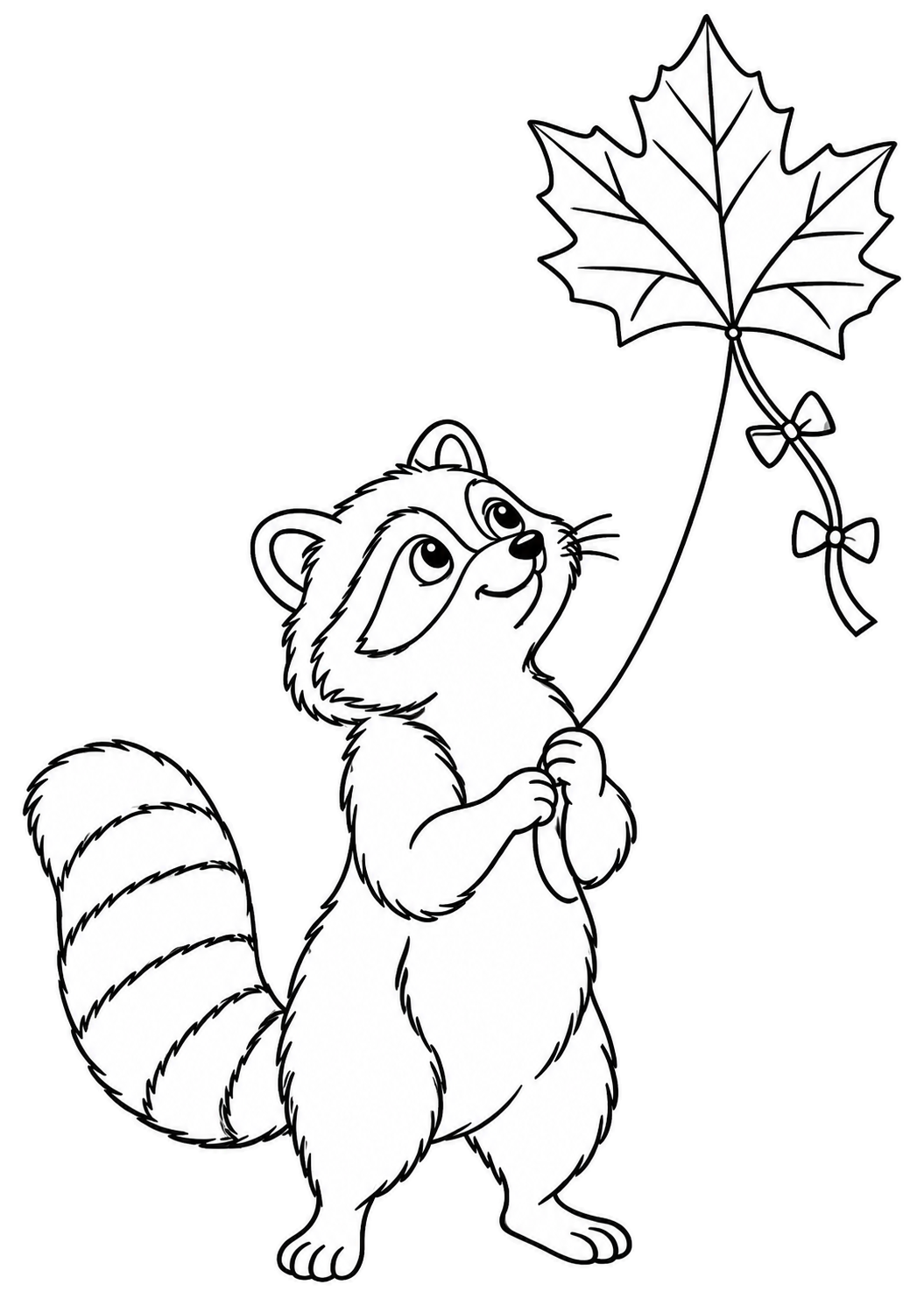 Un raton laveur tient un cerf-volant en forme de feuille d’érable par sa ficelle ; deux petits nœuds ornent la queue du cerf-volant.