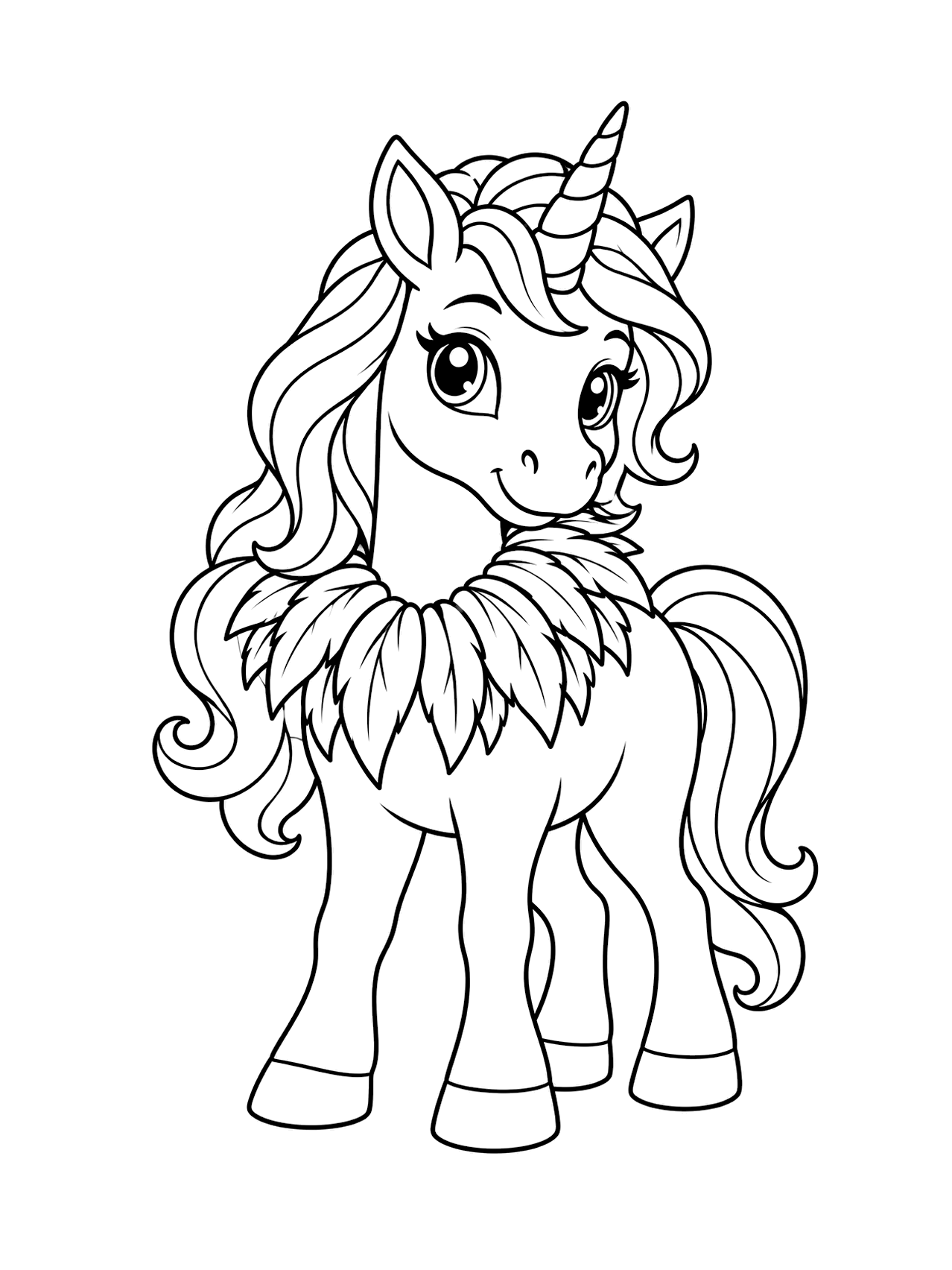 Unicornio con collar de plumas de cuervo para colorear con un unicornio tierno de Halloween con collar de plumas de cuervo alrededor del cuello, cuerno rayado, crin fluida, cuerpo redondeado y cascos sencillos, dibujo de líneas negras sobre fondo blanco