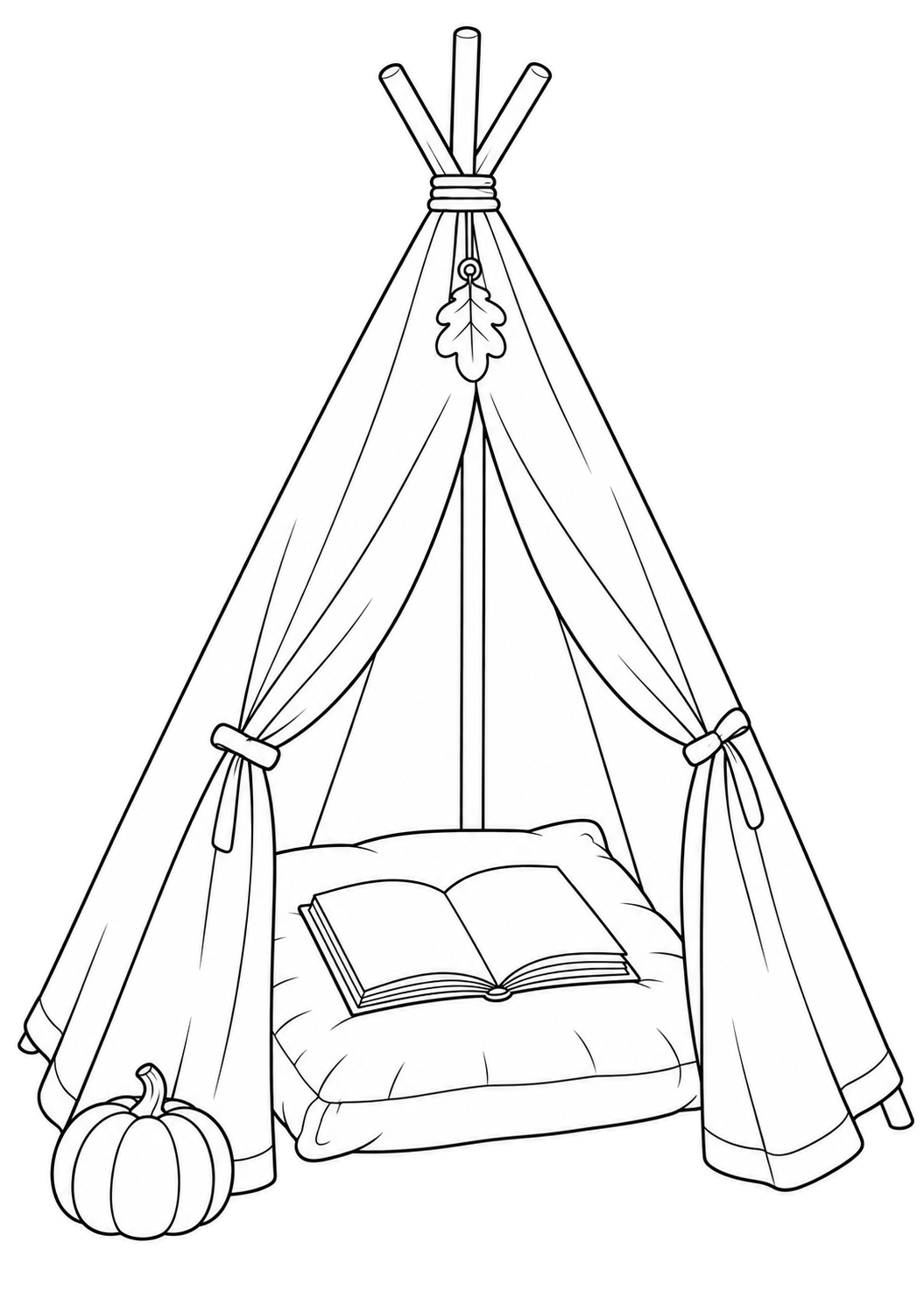 Tenda triangolare con lembi legati, foglia appesa, libro aperto su un cuscino e una zucca all'esterno.