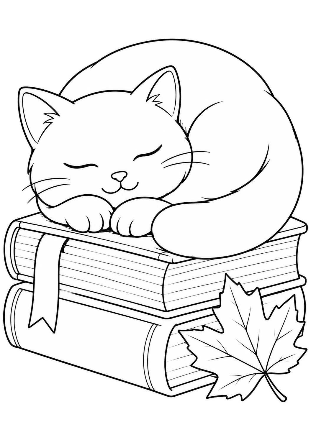 Cat asleep on two stacked books, with tucked front paws, a curled tail, a ribbon bookmark, and a maple leaf.
