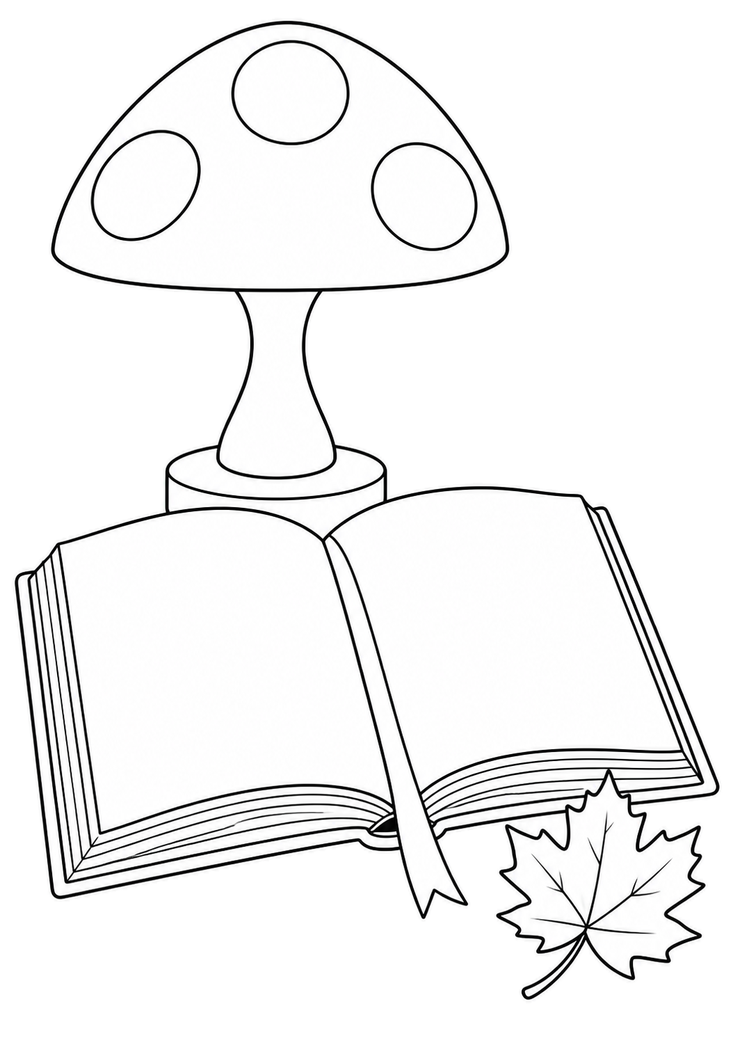 Mushroom-shaped lamp with three spots behind an open book with a ribbon bookmark and a maple leaf.