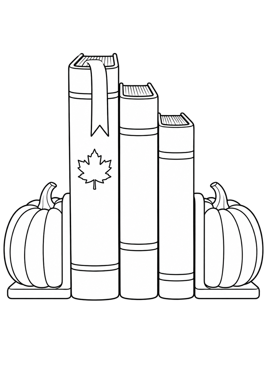 Tres libros verticales entre dos sujetalibros de calabaza, con hoja de arce y cinta en el libro más alto.