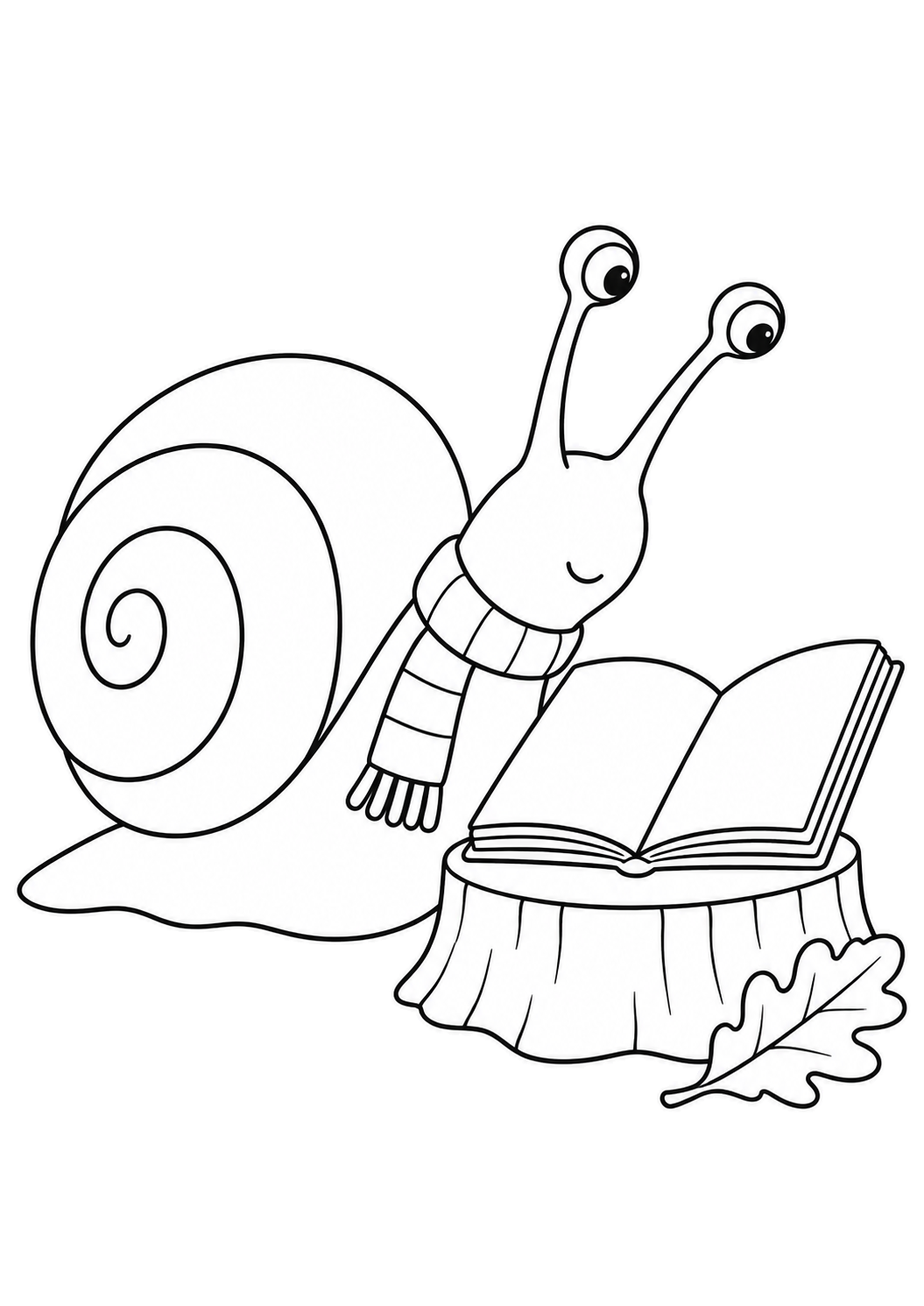 Snail with a spiral shell and striped scarf looking at an open book on a stump beside an oak leaf.