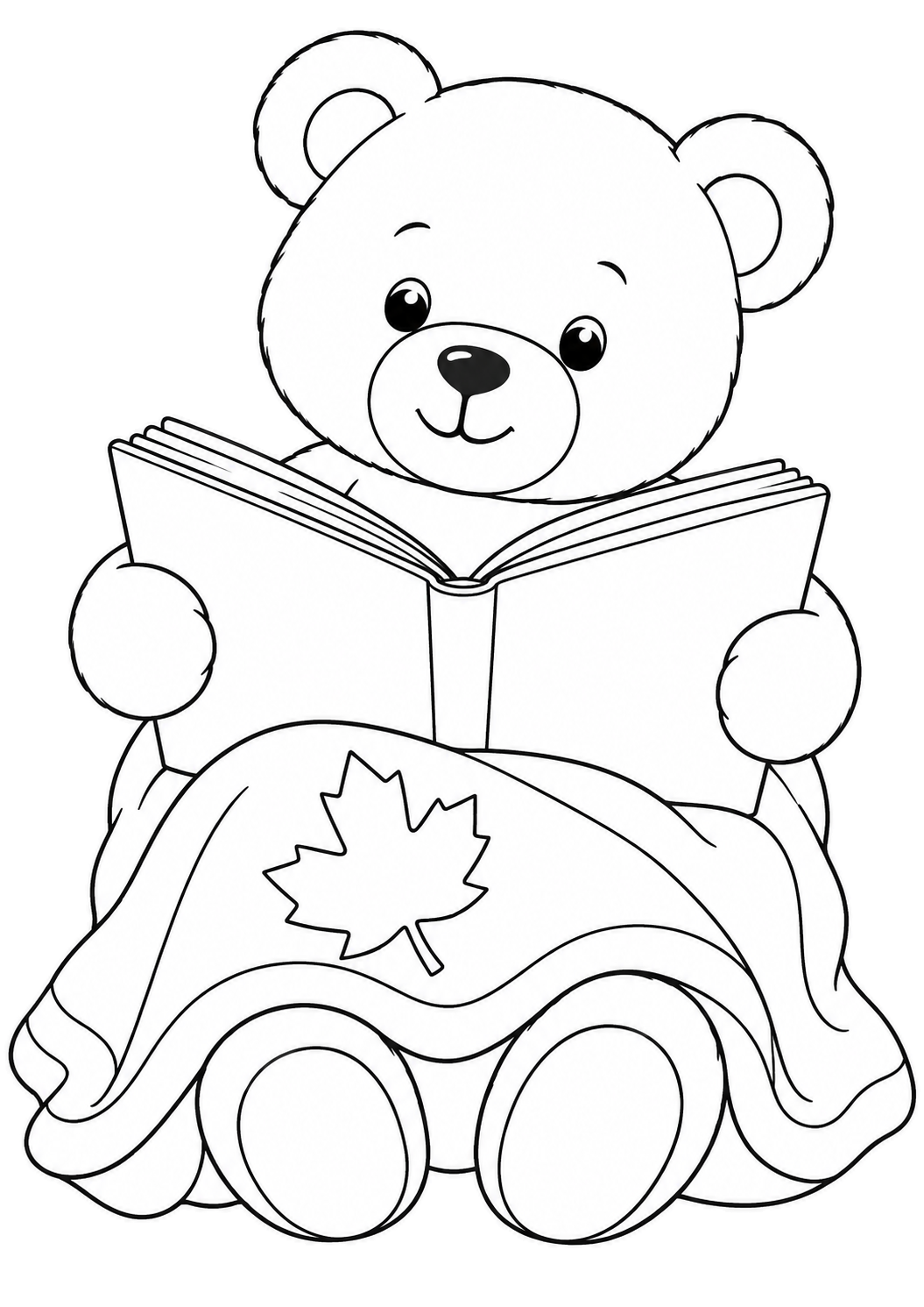 Teddy bear holding an open book, with a maple-leaf blanket across its lap and two rounded feet showing below.