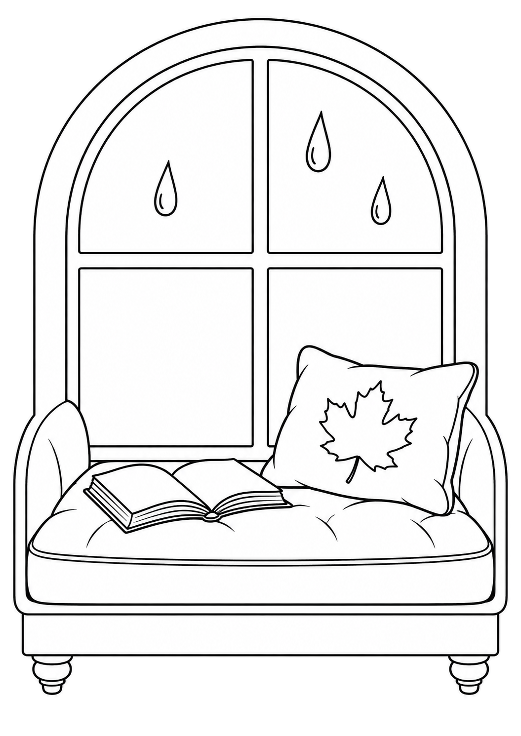 Asiento junto a una ventana arqueada con libro abierto, cojín con hoja de arce y tres gotas en los cristales superiores.