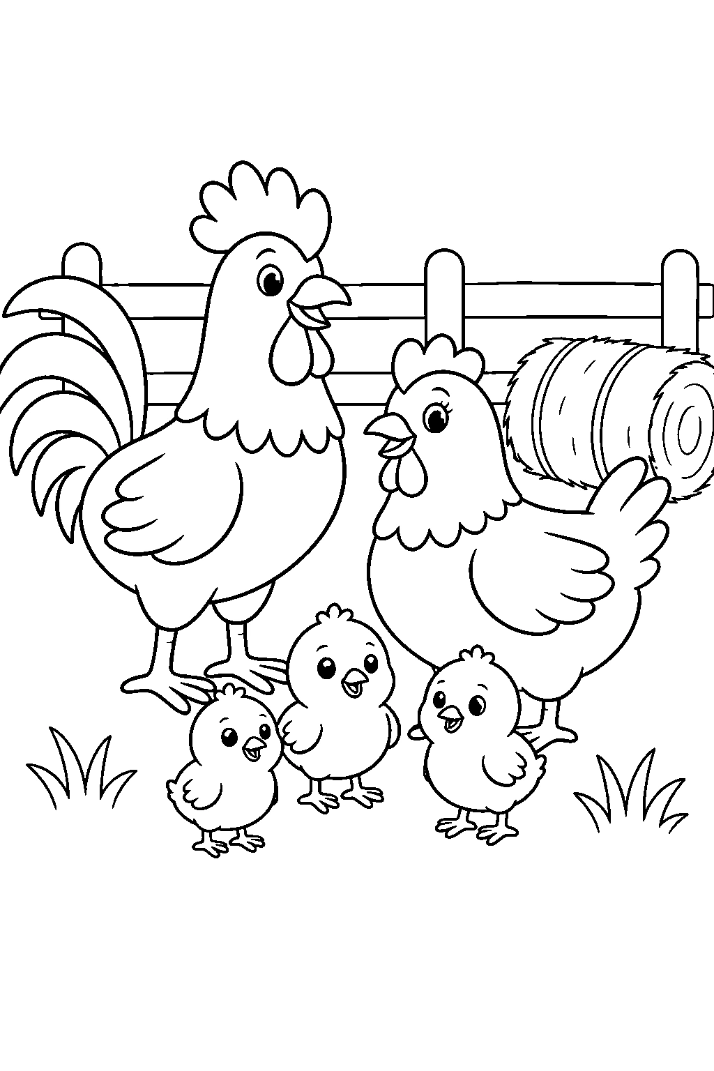 Famiglia di gallo gallina e pulcini da colorare