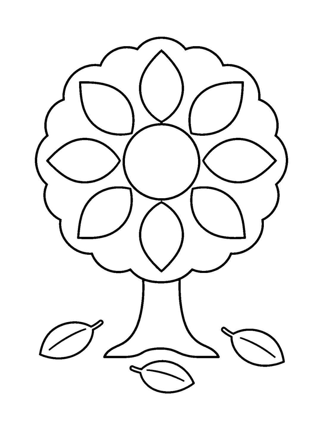 Arbre d'automne avec un mandala dans la couronne, dessin en noir et blanc à colorier.
