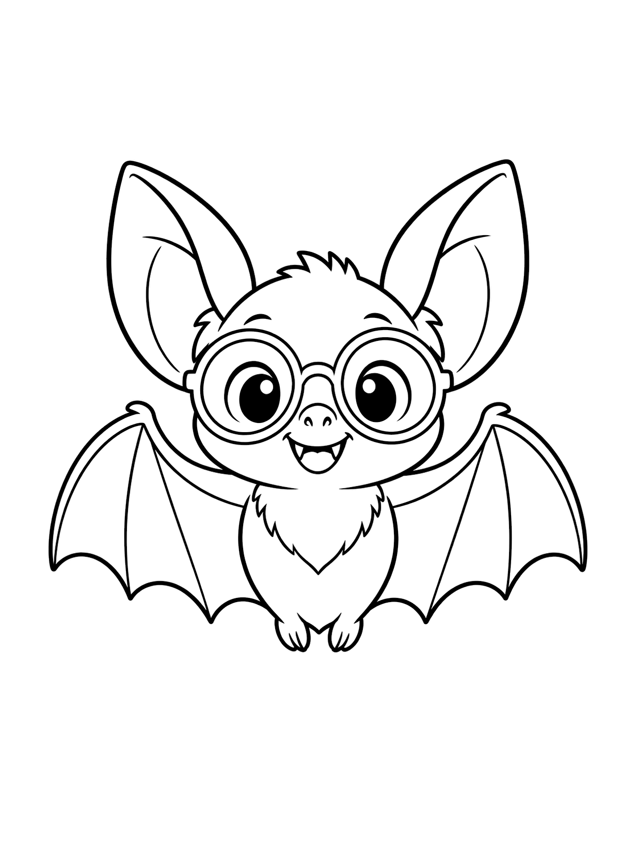 Chauve-souris avec lunettes rondes à colorier avec une chauve-souris centrale, de larges ailes, un détail simple d’Halloween et un fond blanc