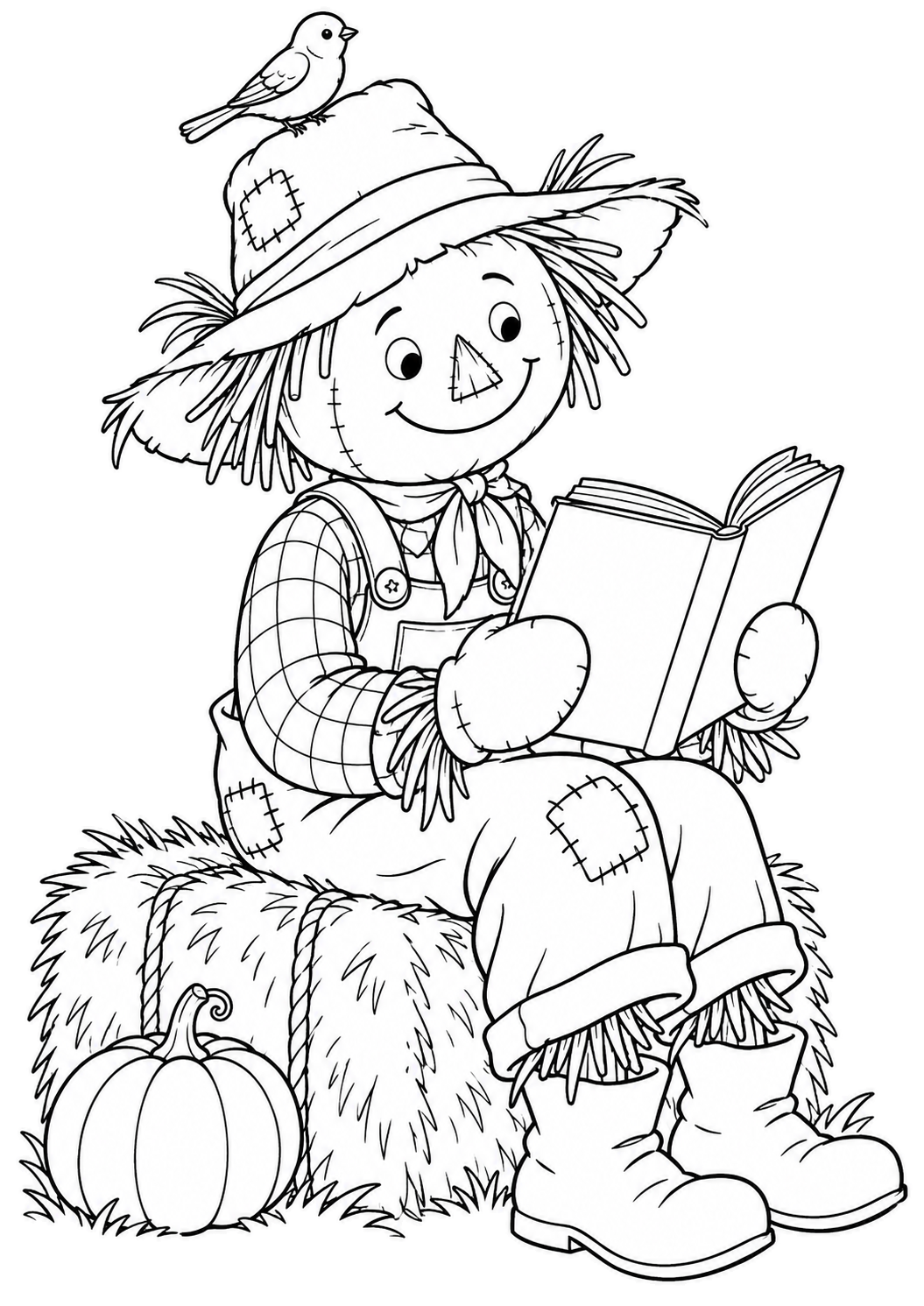 Smiling scarecrow reading a book on a hay bale, with a bird on its hat and a pumpkin nearby.