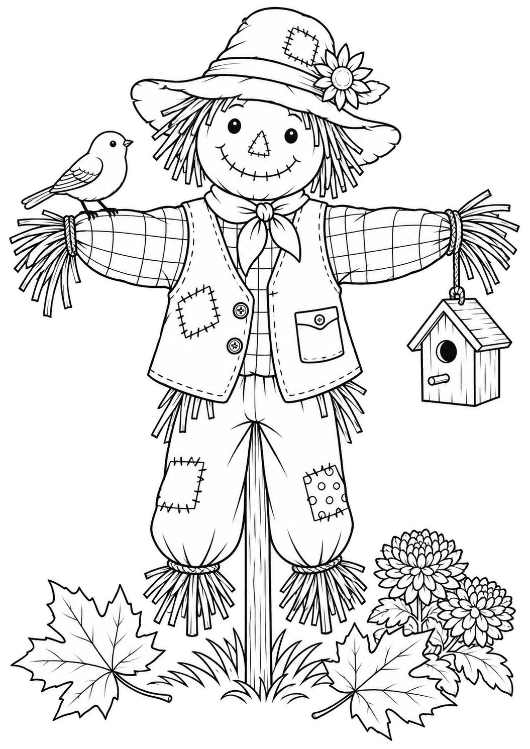 Épouvantail sur un poteau avec un oiseau, un nichoir suspendu, des feuilles et des chrysanthèmes.
