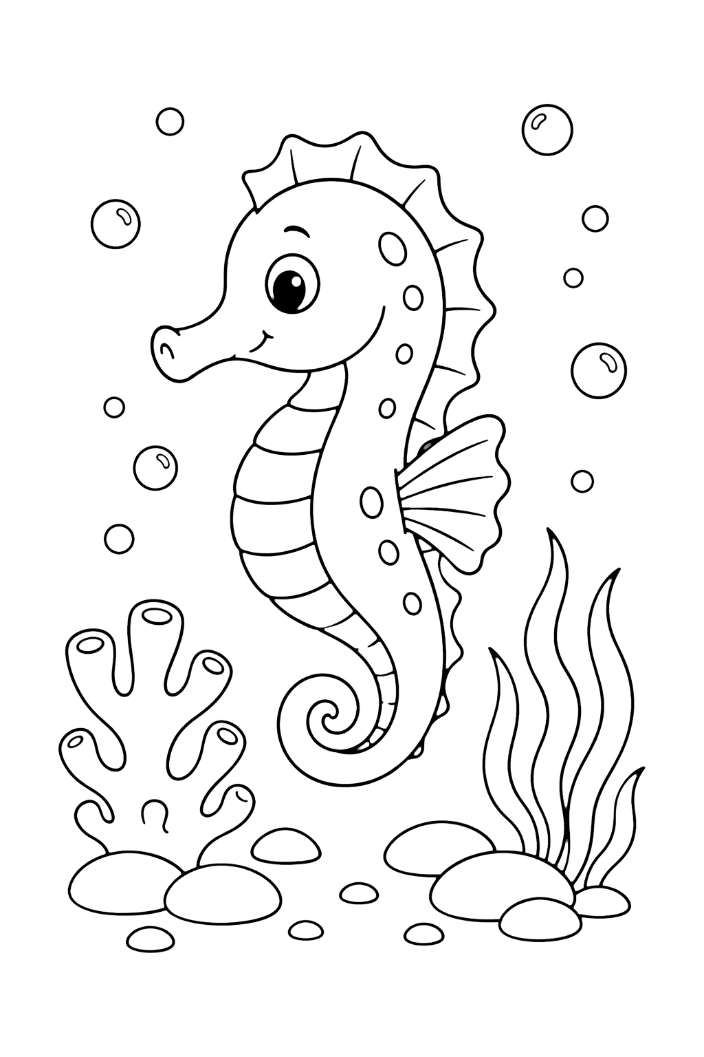 Coloriage hippocampe près du corail sous la mer