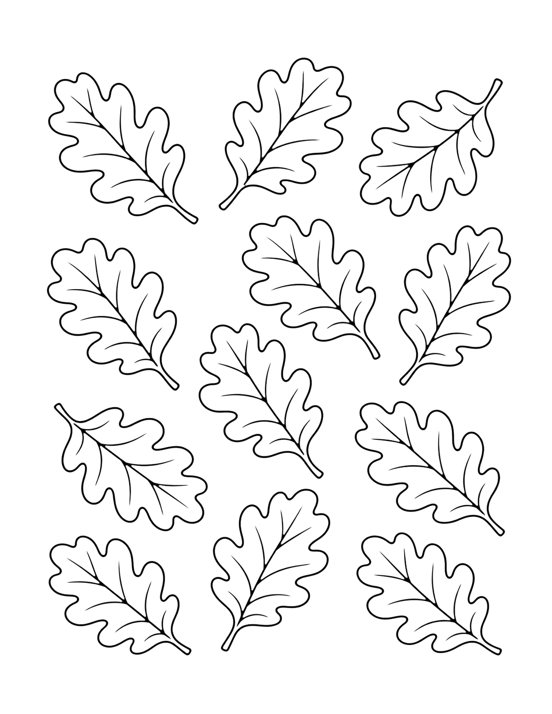 Coloriage de feuilles de chêne avec un motif calme de grandes feuilles de chêne séparées, avec lobes arrondis, nervures nettes et larges espaces. Idéal pour enfants, impression, automne et coloriage en ligne.