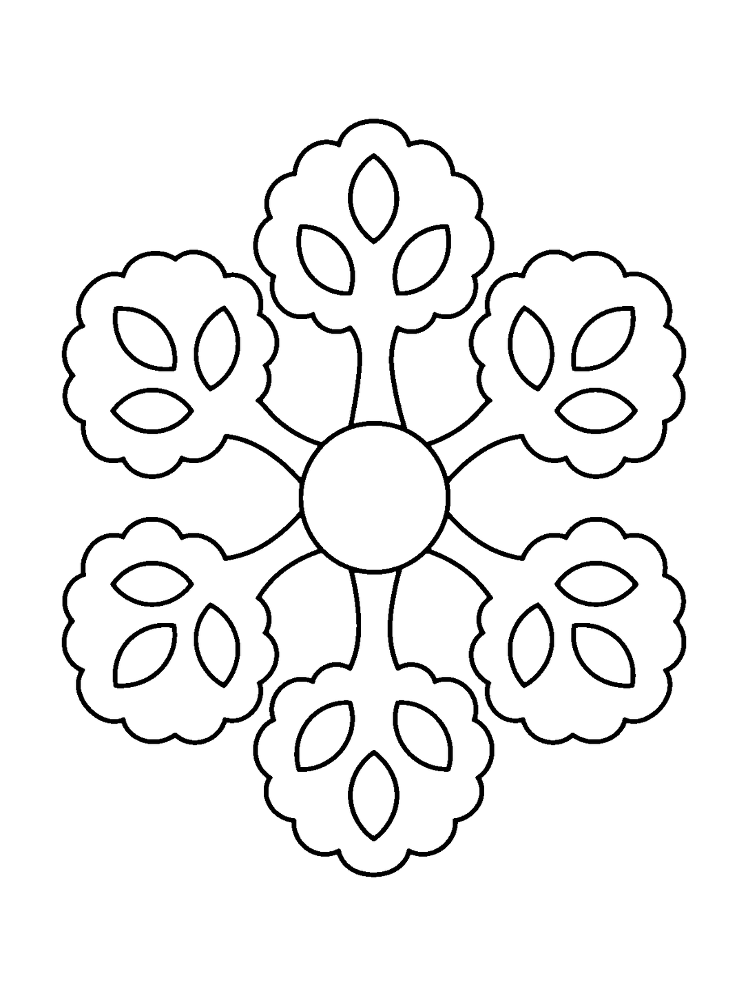 Mandala con sei alberi autunnali in cerchio, disegno in bianco e nero da colorare.