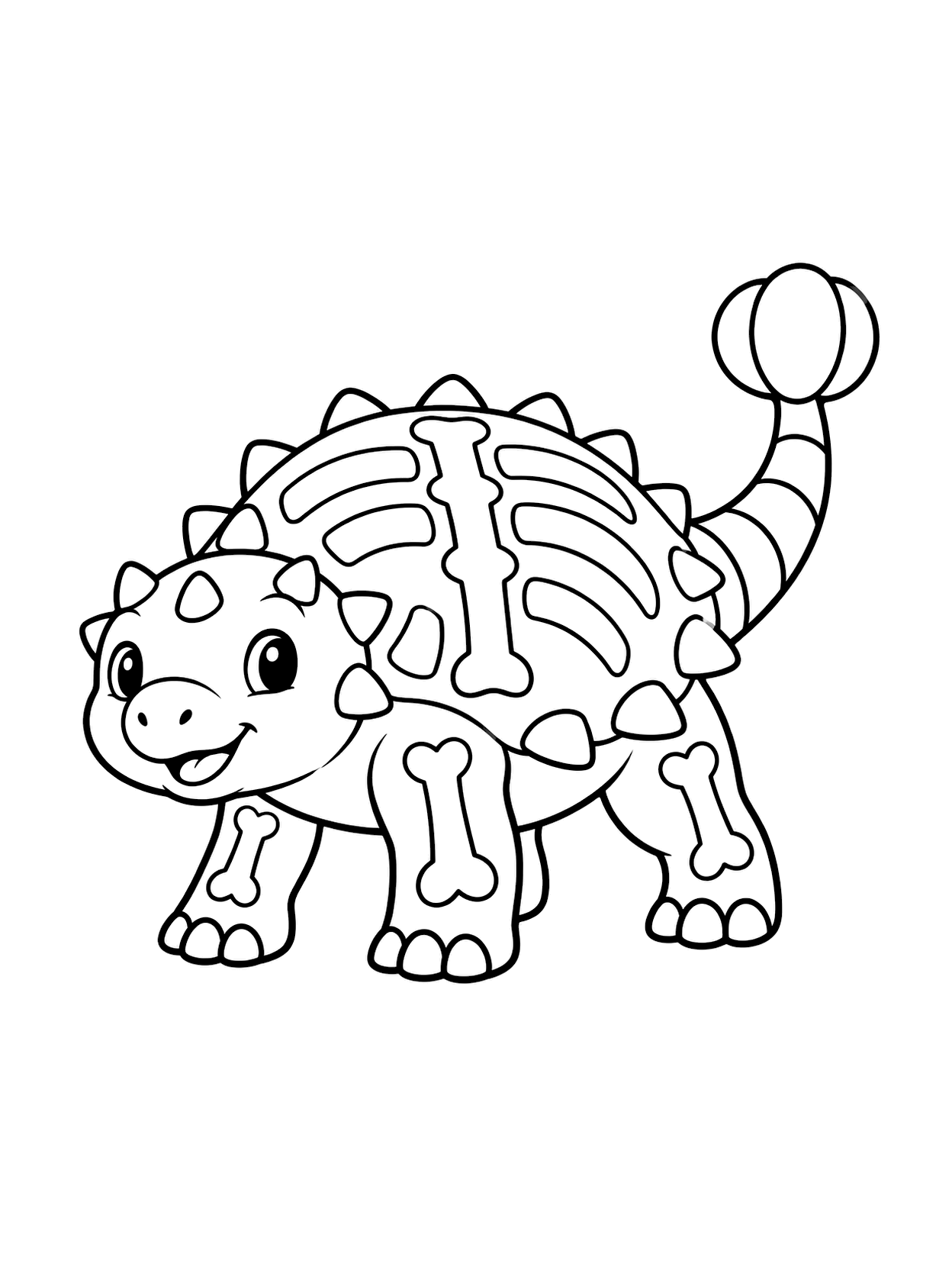 Skeleton Costume Ankylosaurus Coloring Page with one central dinosaur, broad coloring spaces, simple Halloween costume detail, and a white background
