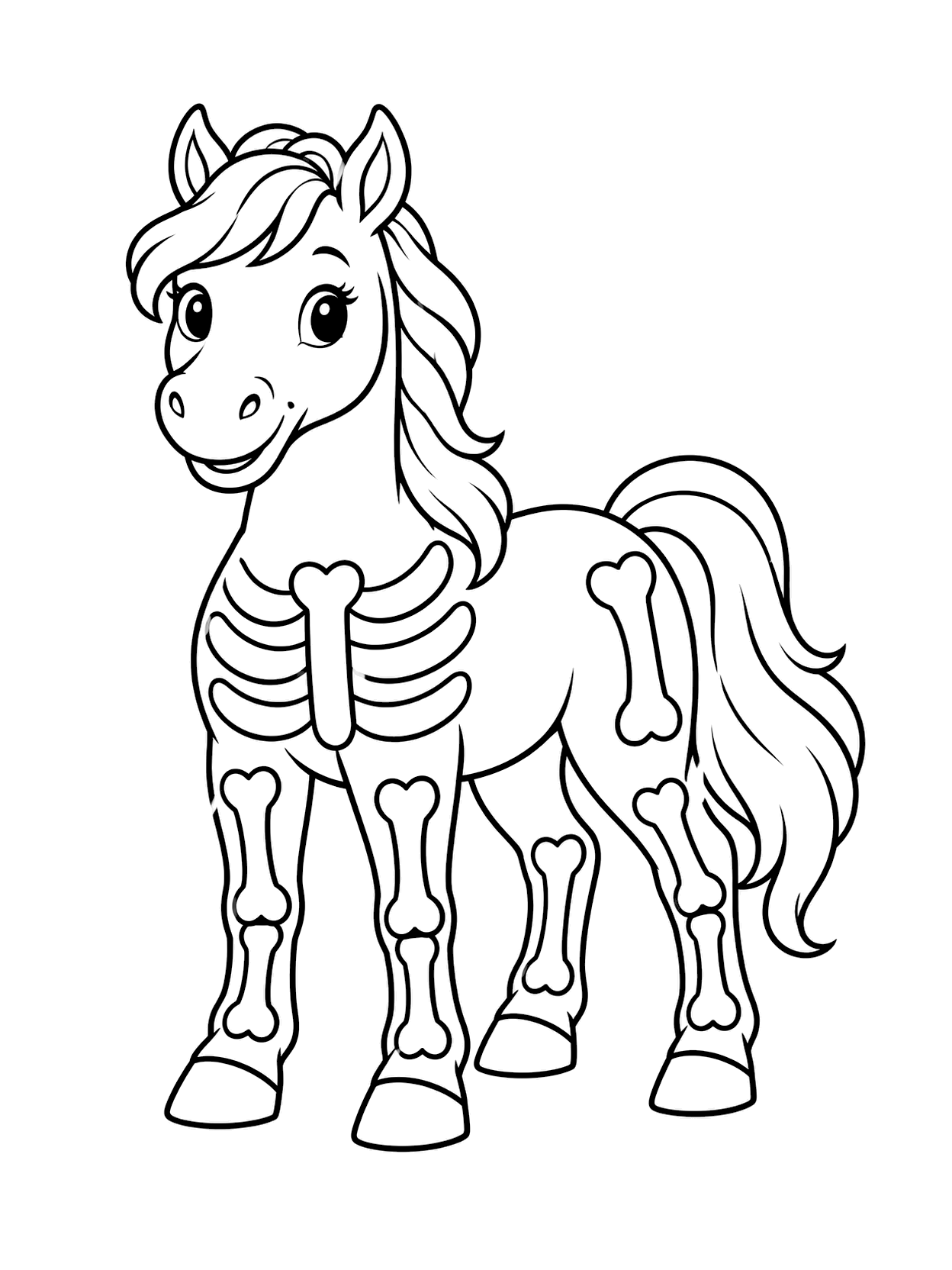 Cheval en costume de squelette à colorier avec un cheval central, de larges espaces à colorier, un détail simple de costume d’Halloween et un fond blanc