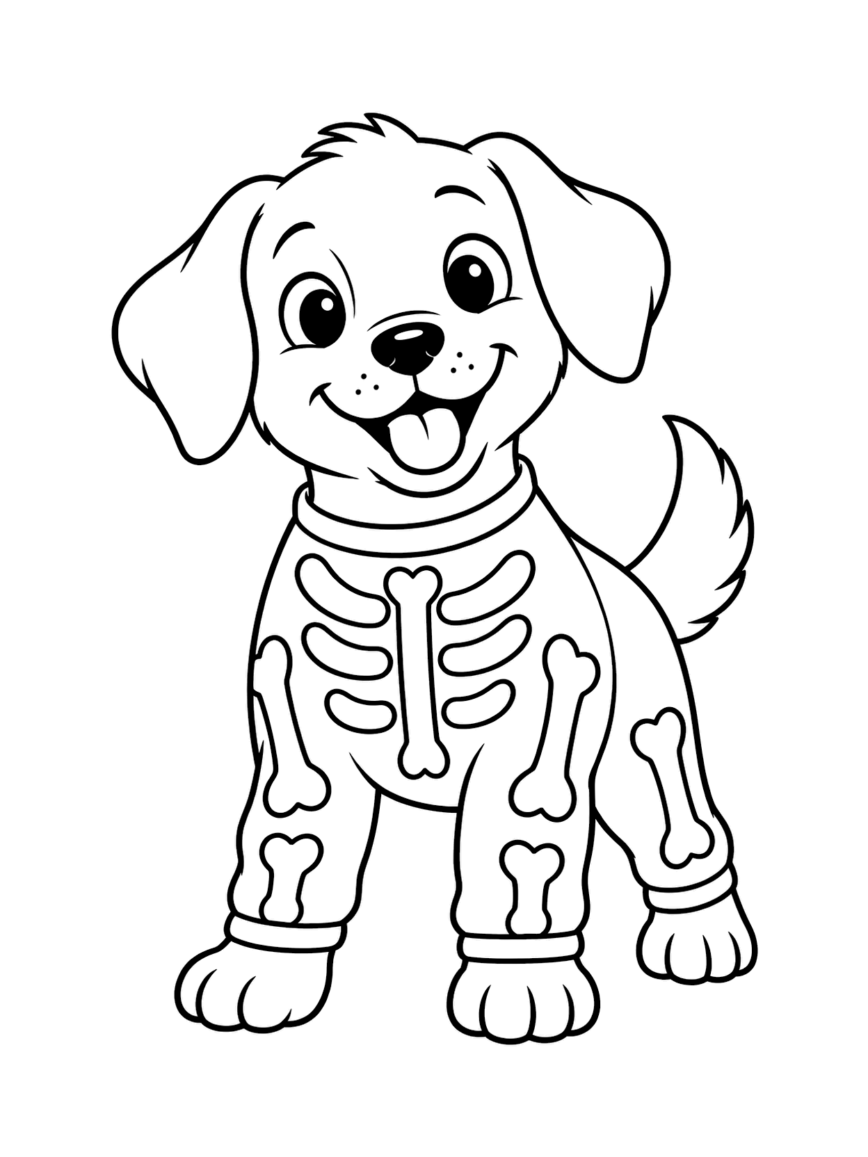 Skeleton Costume Puppy Coloring Page with one central dog, broad coloring spaces, simple Halloween costume detail, and a white background